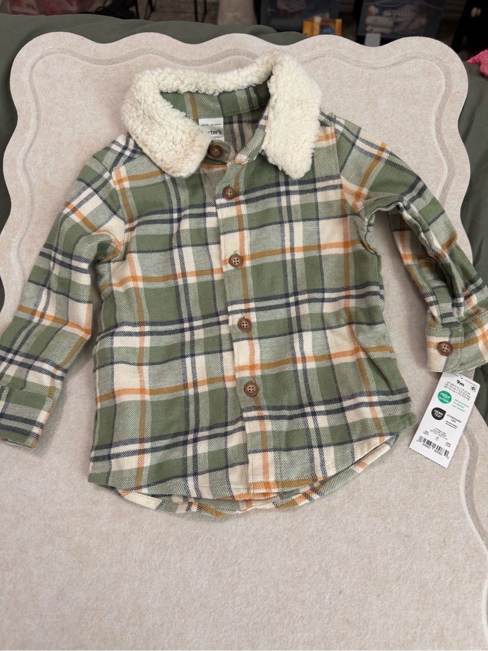 Carter's Green Plaid Button-Up Shirt with Sherpa Collar